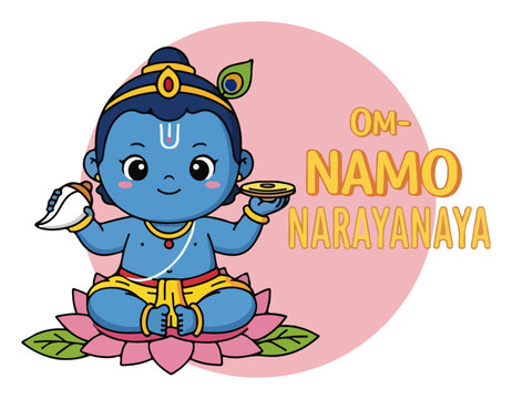 Cute baby Vishnu with Om Namo Narayanaya mantra. Kawaii Hindu god on lotus flower vector illustration.