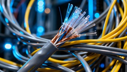 Close-up of a cut cable showing the internal wires and fiber optics.