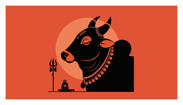 Nandi Bull with Shiva Lingam and Trishul Silhouette Sacred Hindu Symbol Vector Illustration