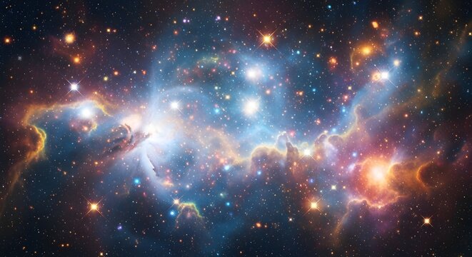 Vibrant cosmic nebula cloud with glowing stars and swirling galactic dust in deep space