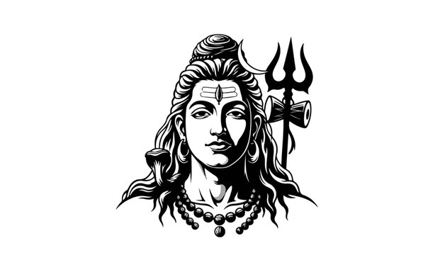 Lord Shiva portrait with Trishula vector illustration. Mahadev Hindu god black and white art.