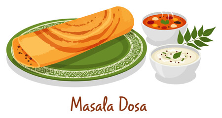 Traditional Indian Cuisine Masala Dosa with Sambar and Chutney Vector Illustration