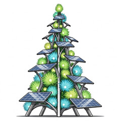 Sustainable energy blooms with unique solar panel tree design, showcasing innovative green technology and a vibrant, eco-friendly aesthetic for future solutions