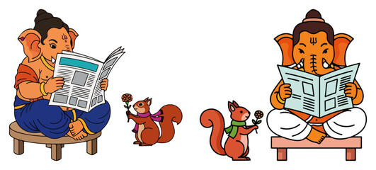 Lord Ganesha reading a newspaper with cute squirrel. Funny Hindu god cartoon character set vector illustration.