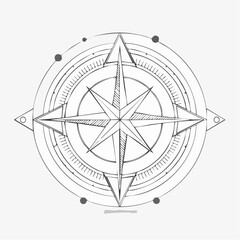 Hand-drawn celestial compass rose with intricate details and cosmic elements