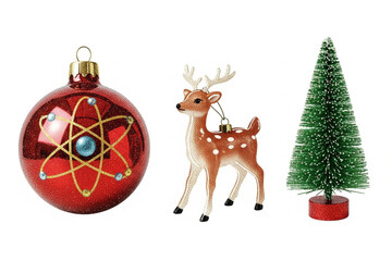 Festive Christmas ornaments with a modern atom ball, a cute reindeer and a tiny fir tree, perfect for celebrating the holidays in a unique way