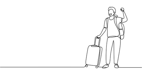 a cheerful traveler holding luggage, ideal for concepts of tourism, vacation planning, adventure, and modern travel.