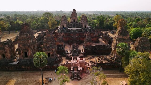 Aerial view of ancient pre rup temple at angkor, cambodia, Aerial view. A majestic tenth century hindu temple surrounded by dry jungle forest. Unesco heritage site.