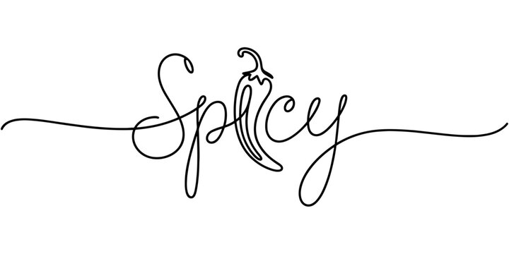Minimal continuous-line drawing featuring the word &ldquo;spicy&rdquo; integrated with a chili pepper, symbolizing heat, flavor, and bold culinary style.
