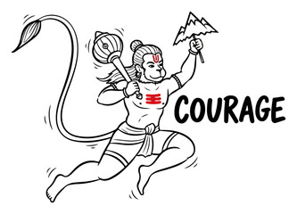 Flying Lord Hanuman Doodle with Courage Slogan Inspirational Hindu God Sketch