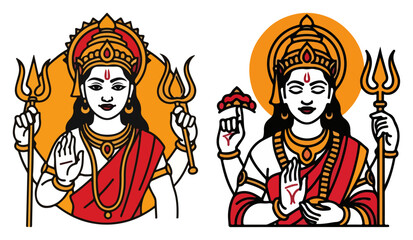 Hindu Goddess Durga Devi Vector Icon Set Divine Mother with Trident Illustration