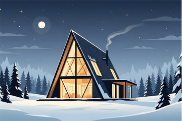 Cozy A-Frame Cabin in Winter Wonderland, Escape to Snowy Mountains, Warm Interior Glow, Peaceful Holiday Retreat, Serene Winter Night, Scandinavian Style