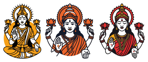 Goddess Lakshmi Vector Icon and Sticker Set for Diwali Festival