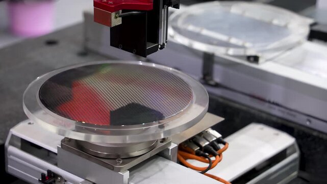 Semiconductor and Computer Chip Manufacturing at Fab or Foundry with robotic arms with silicon wafers,examining a sample of microchip transistor 