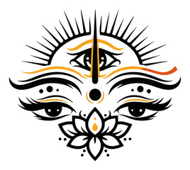 Third Eye Goddess Eyes With Lotus And Bindi Sacred Hindu Symbol Vector Illustration