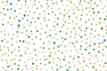 Festive gold, silver, and green confetti dots pattern for a joyous celebration, perfect for party invites, New Year's Eve, or St. Patrick's Day designs
