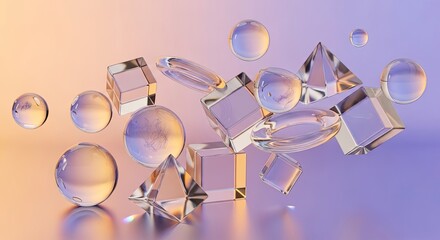 Elegant geometric shapes floating with light refracting through crystal clear spheres and cubes on soft gradient backdrop, perfect for modern tech or design