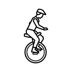 Unicycle rider with helmet icon, outlining the sport of unicycling, balance, recreation, and fun line art illustration.