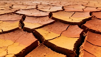 Close-up view of cracked dry earth, highlighting the texture and arid conditions of the parched ground.
