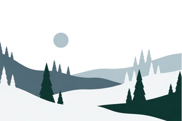 Serene winter landscape scene with snow covered hills and pine trees, minimalist design perfect for holiday cards or a calming background, originally vector