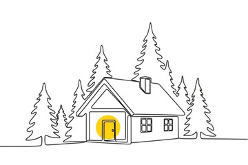 Charming minimalist house illustration nestled in pine trees, a simple line art drawing evoking peace and winter holidays, perfect for greeting cards