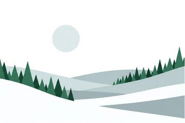 Serene winter landscape with snow-covered hills and evergreen trees, peaceful nature scene with a modern geometric design, perfect for holiday cards and backgrounds