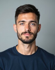Fototapeta premium European man headshot. The young adult has blue eyes and short dark hair. He wears navy t shirt. Portrait style on grey backdrop. Formal studio photo for ID.