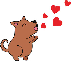 Cute cartoon dog blowing red hearts, happy puppy illustration, love and affection concept, Valentine's Day animal clipart, isolated vector