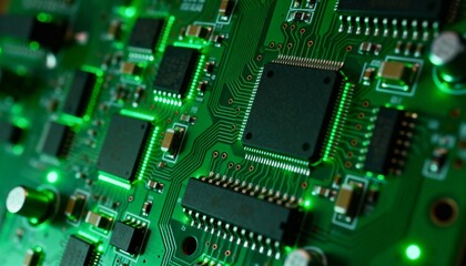 Close-up of a green circuit board with various electronic components.