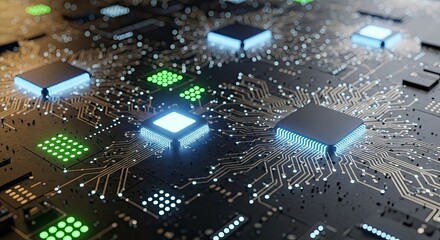 Modern motherboard with glowing processors and intricate circuitry showcasing technology and innovation for cutting edge digital solutions and computer engineering