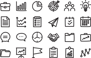 Hand Drawn Business Management and Productivity Line Icons for Office and Strategy Tools