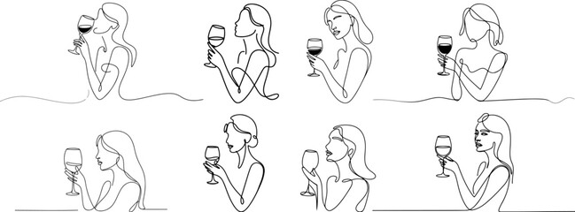 Drawing of woman with a wine glass Line Art collection. line art illustration, Perfect for Wall Art, Prints, Social Media, Posters, Invitations, Branding Design.