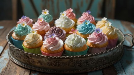 Colorful cupcakes with frosting and flowers on a tray