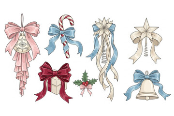 Enchanting holiday cheer with charming Christmas ornaments and festive bows perfect for yuletide cards, seasonal designs, and joyful celebrations