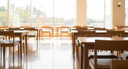 Empty classroom ready for learning with sunlight streaming through large windows