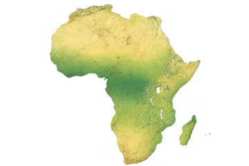 Africa continent map showing detailed topography with elevation, physical geography illustration on transparent background