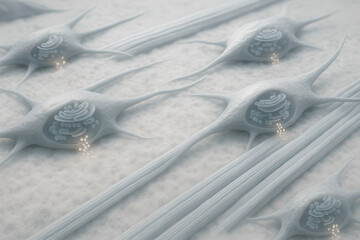 Fibroblast cell synthesizing collagen, elongated spindle-shaped fibroblast with extended cytoplasmic processes, collagen triple-helix precursors packaged into vesicles moving toward cell membrane