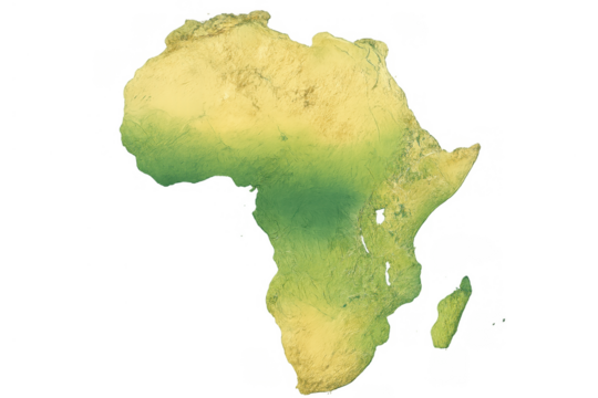 Africa continent map showing detailed topography with elevation, physical geography illustration on transparent background