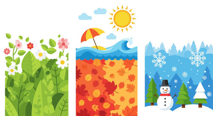 Four seasons illustration showing spring flowers summer beach autumn leaves and winter snowman in a flat vector style representing the cycle of the year and changing weather patterns