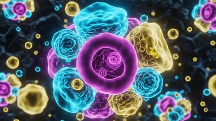 Glowing cellular cluster microscopic beauty revealed