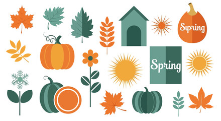Seasonal icons representing autumn spring and winter with pumpkins leaves suns and a dog house in a flat design style perfect for educational materials and decorations