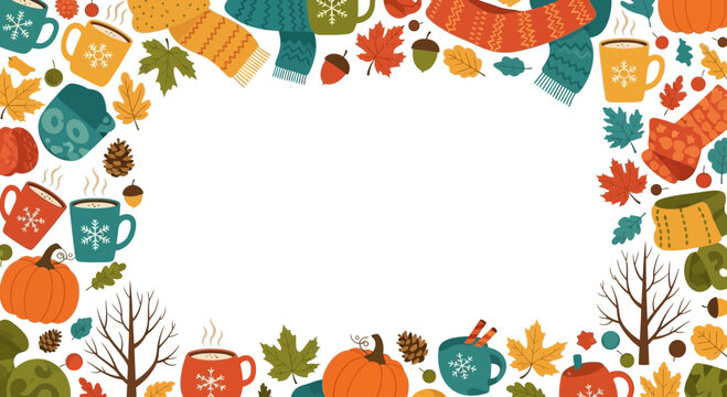 Cozy autumn frame with pumpkins scarves leaves and mugs of warm drinks creating a festive seasonal border for invitations cards and designs with a comforting and inviting atmosphere