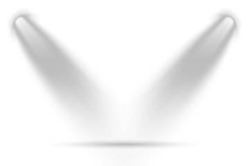 Row of spotlights. Reflections add depth to spotlight scenes on floor. Floodlight beam, illuminated spotlights. Transparent background. Scene. Stage lighting creates dramatic beams in concert visuals.