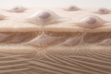 Fibroblast cell synthesizing collagen, elongated spindle-shaped fibroblast with extended cytoplasmic processes, collagen triple-helix precursors packaged into vesicles moving toward cell membrane