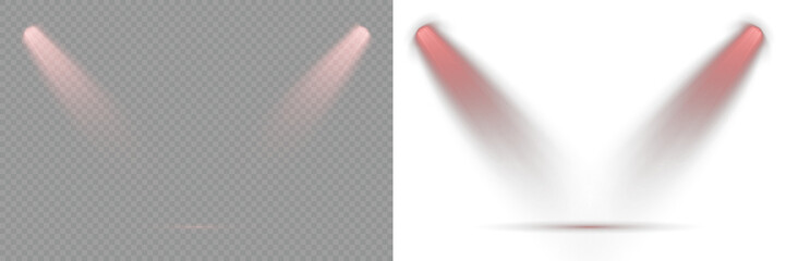 Projection studio lights beam. Row of spotlights. Bright spotlights shine down, forming focused light circles. Transparent background. Concert lighting set includes soft beams. Light Effects. Scene.