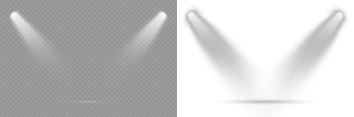 Concert lighting set includes soft beams. Vector Spotlights. Projection studio lights beam. Overlay effects simulate professional studio illumination. Scene. Floodlight beam, illuminated spotlights.