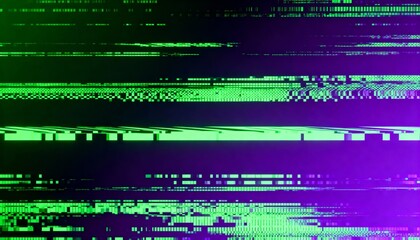 Abstract digital glitch background with horizontal green and purple lines creating a distorted visual effect.
