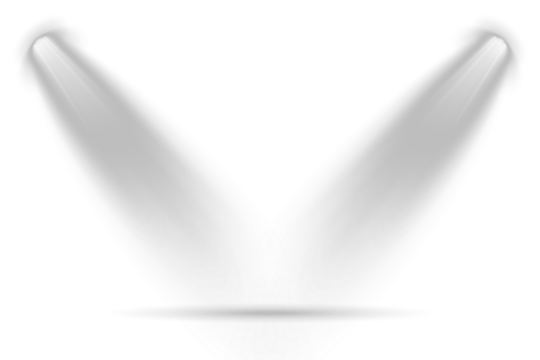 Row of spotlights. Reflections add depth to spotlight scenes on floor. Floodlight beam, illuminated spotlights. Transparent background. Scene. Stage lighting creates dramatic beams in concert visuals.