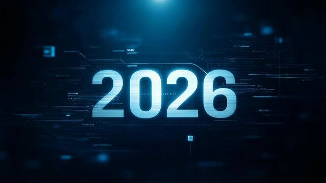 Futuristic digital display of the year 2026 with blue neon lights