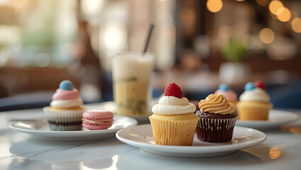 A delightful spread of gourmet cupcakes topped with colorful frosting and fruit, alongside a pink macaron and a refreshing iced beverage in a warm, cozy cafe setting